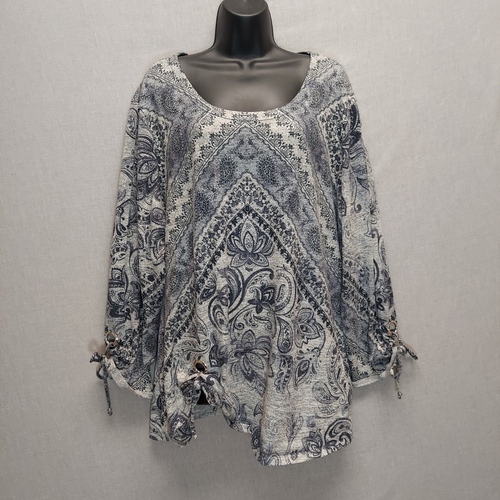 Catherine's Paisley Tunic Top Plus 22/24W Grey Blue‎ Stretch Knit Boho Blouse